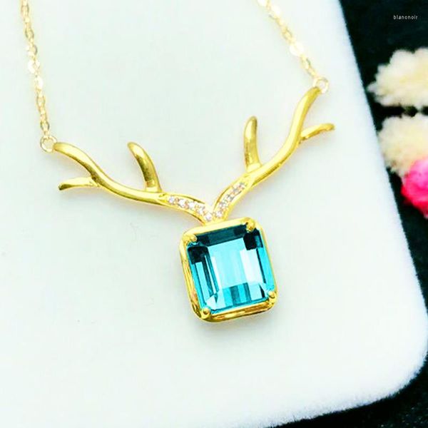 Correntes Design Original S925 Light Gold Ball Luxury Square Aquamarine Elk Antlers Pinging Ladies Colar Acessórios de casamento