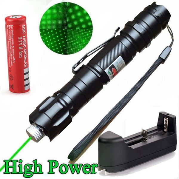 Ponteiros a laser 009 Pen verde 532nm Foco ajustável 18650 Bateria e carregador de bateria UE plugue pacote com sacolas