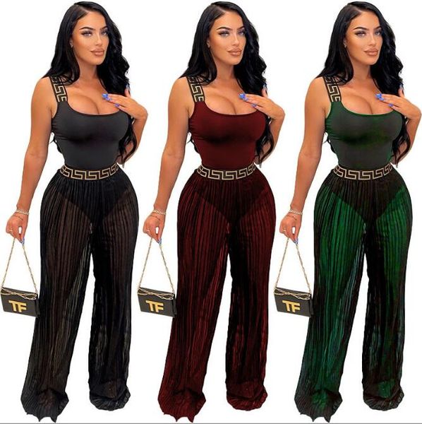 Sexy Bodycon Feminino de duas peças de calças sem mangas Teas de perna larga Pants de perna feminina