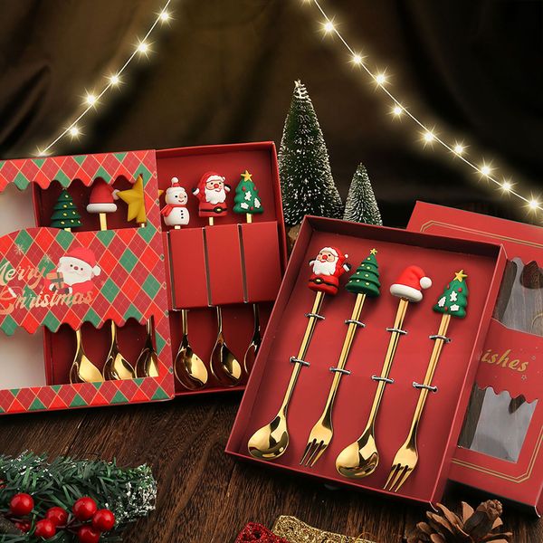 Set cucchiaio e forchetta natalizio cartone animato divertente Confezione regalo creativa con forchetta da dessert di Babbo Natale