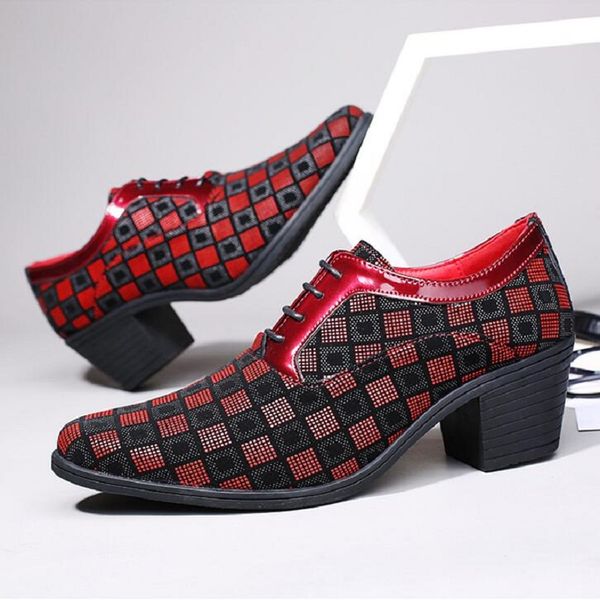 New Moda Moda Red Plaid Fresh Dress Shoes Point Sapatos de salto alto Men Altura Aumentando sapatos de casamento homens Zapatos hombre d2h9