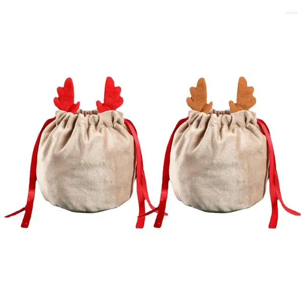 Noel Süslemeleri 10 PCS REIN Geyiği Drawstring Hediye Çantası, Boynuzlar ile Yeniden Kullanılabilir Kadife Kumaş Santa Çuvalları Parti Dekorasyonu