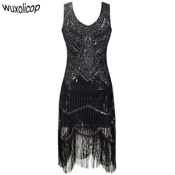 Mulheres festa robe femme 1920s grande gatsby flapper lantejoulas franja midi vestido verão arte deco retro vestido preto q190417227h