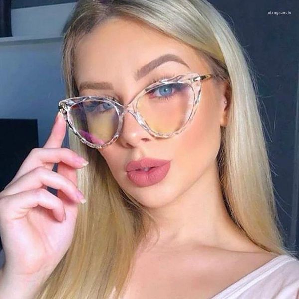 Sonnenbrille SHIAMNG Metallrahmen Anti-Blaulicht Cat Eye Flache Brille Mode Schnittkante Männer Frauen Computer Blau Blockieren