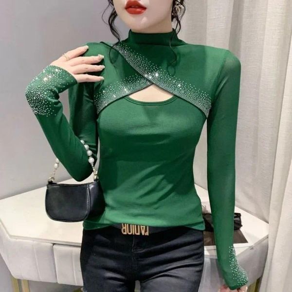 Damen T-Shirts Slim Fashion Diamonds Spliced Half High Collar T-Shirt Kleidung Frühling Herbst Korean Sexy Mesh Langarm Pullover Top