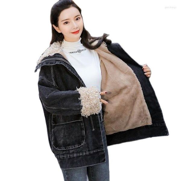 Trench feminina casacos de inverno damas jaqueta de jeans grande bolso adicionar veludo engross 2023 imite lambrosswool algodão zíper para mulheres roupas