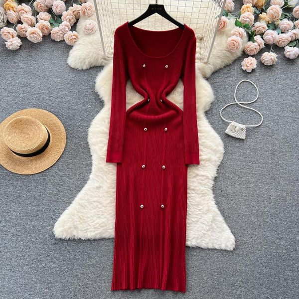 Vestidos casuais mulheres chique elegante sólido o pescoço manga longa duplo breasted bodycon vestido sexy moda malha elástica magro hip envoltório