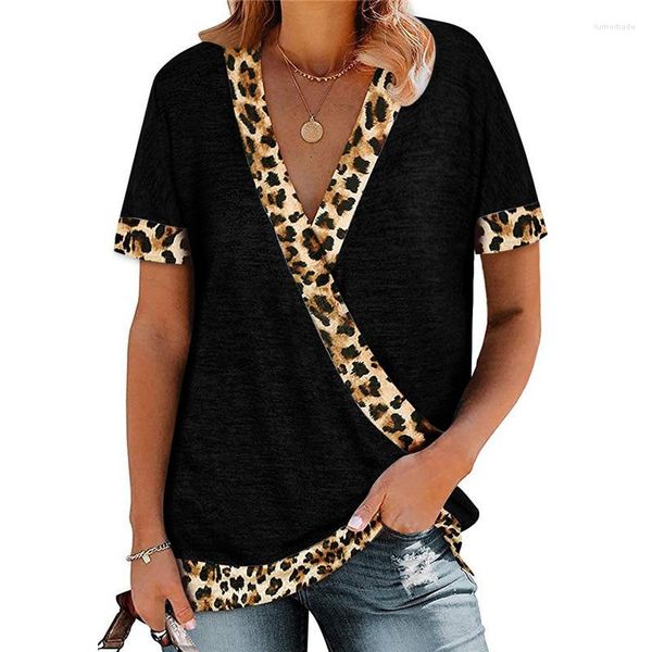Camisetas femininas 2023 Mulher Sexy Leopard Tee Deep V Pesh Tops Opendendo roupas de corpo solto Roupos de costura vintage pretos All Match