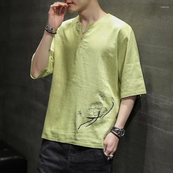 Мужские футболки, летняя льняная футболка, китайская ретро, повседневная рубашка с вышивкой цветка лотоса, топ больших размеров, традиционная азиатская одежда в стиле дзен
