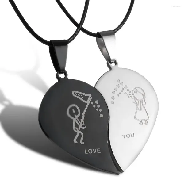 Halsketten mit Anhänger, Schmuck für Paare, gebrochenes Herz, schwarze Paar-Halskette aus Edelstahl, mit Gravur „Love You“-Anhänger zum Valentinstag
