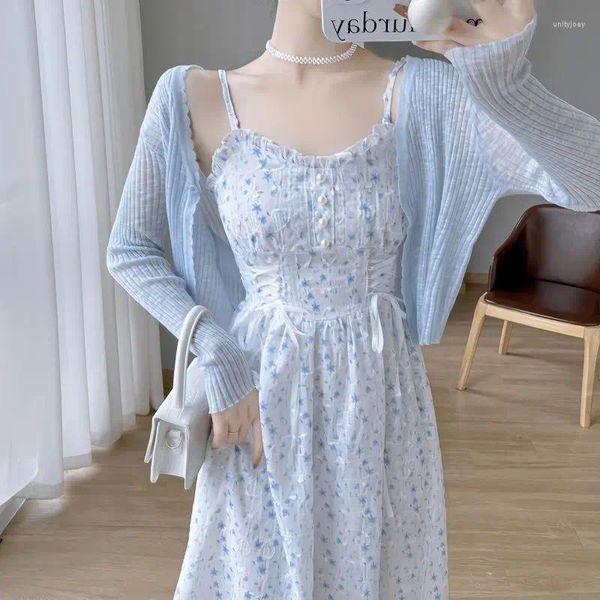 Gonne 2023 Vendita Pausa Moda francese Abito in chiffon ad alto senso Blu Floreale Allentato Casuale Bretella Stile donna