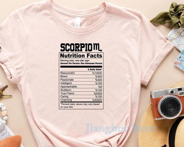 Camiseta feminina escorpião, camiseta com informações nutricionais do zodíaco, presente astrologia para aniversário