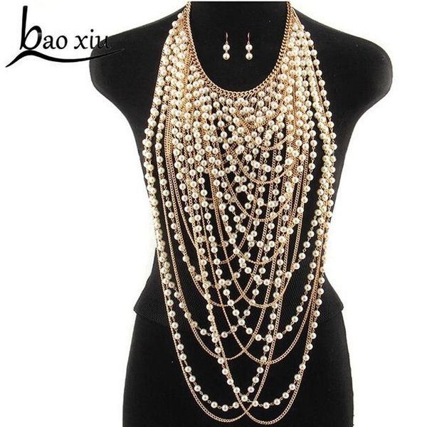Übertriebene, perlenbesetzte, superlange Anhänger-Halskette für Damen, trendige Perlen-Choker-Halskette, Körperschmuck, goldene Schulterkette Y200918287J