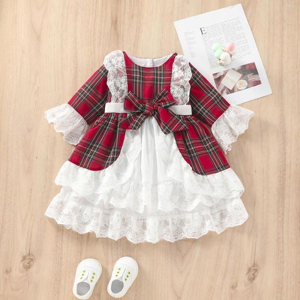 Mädchenkleider CitgeeAutumn Christmas Kid Dress 3/4 Sleeve R Plaid Print Ruffle Lace High Waist Fall Red Xmas Clothes