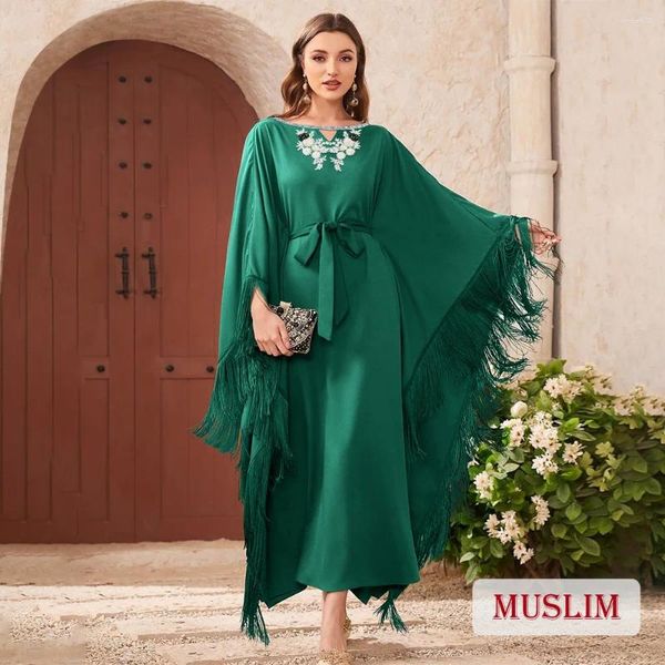 Roupas étnicas Moda Mulheres Muçulmanas Festa Abaya Dubai Elegante Verde Bordado Abayas Borla Vestido com Aposta Feminino Kaftan Musulman Robe