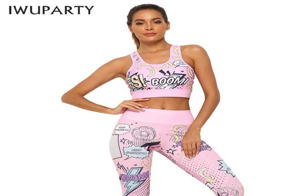 IWUPARTY Conjunto de 2 peças com estampa rosa fofa para ioga, mulheres, treino, academia, esportes, fitness, top crop, leggings, corrida, terno feminino 2013364638