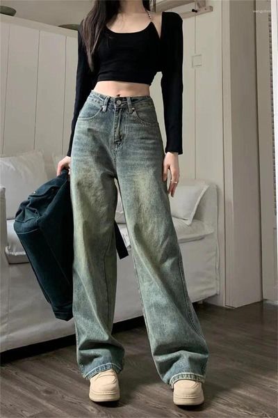 Damenjeans 2023 Retro-Stil Erweitertes breites Bein Frauen Frühling Herbst Waschen Hohe Taille Gerade Röhre Lose Slim Sweeping Bodenhose