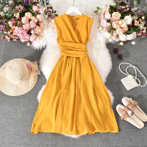 Vestidos Casuais Verão Estilo Coreano Socialite Elegante Slim-Fit V-Pescoço Apertado Cintura Mid-Comprimento Chiffon Vestido 2023 Moda Roupas Femininas