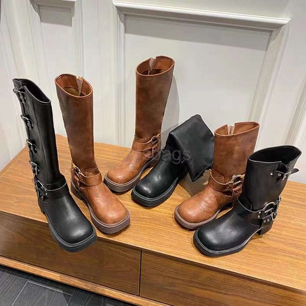 Miui Bester Qualitätsschuh Mius Motorradstiefel aus echtem Leder Martin Stiefel Damen 2024 Herbst/Winter Outwear High Barrel Boots Ritterstiefel Punkstiefel