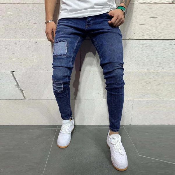 Calças de brim masculinas personalidade casual fino ajuste calças jeans buraco remendo pés pequenos magros calças masculinas elegante streetwear