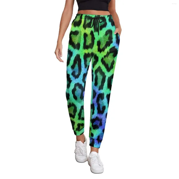 Calças femininas dois tons baggy leopardo impressão hippie sweatpants primavera feminino vintage gráfico oversized calças presente ideia