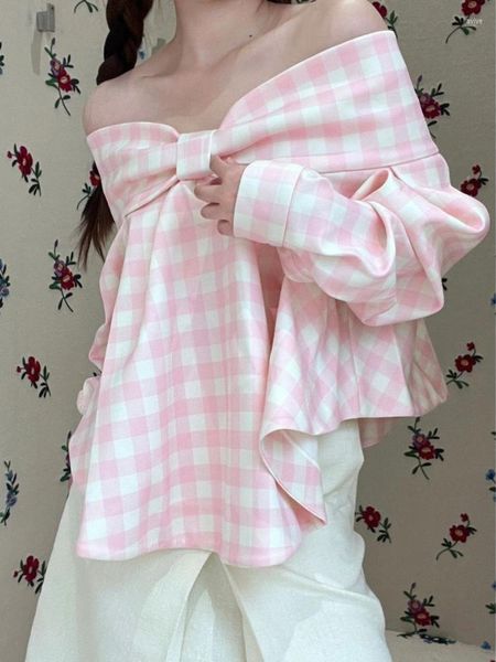 Blusas femininas houzhou elegante e juventude fora do ombro rosa xadrez vintage de retalhos de retalhos de manga longa de manga longa kawaii camisa chique