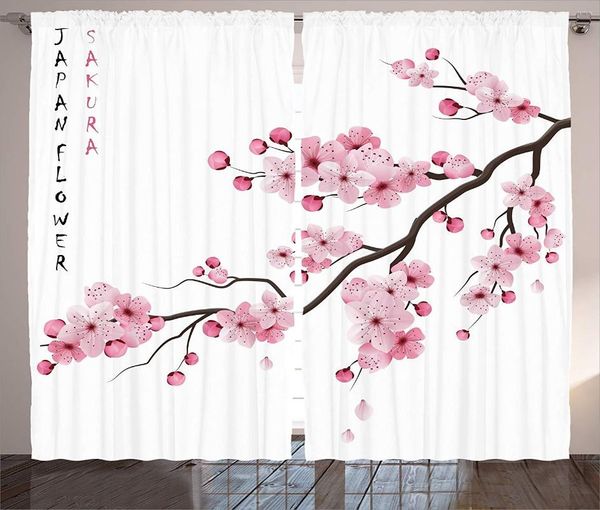 Tenda Tende rosa Rami di fiori di ciliegio asiatici giapponesi con fiori che sbocciano Decorativo primaverile Boho Art Soggiorno Camera da letto