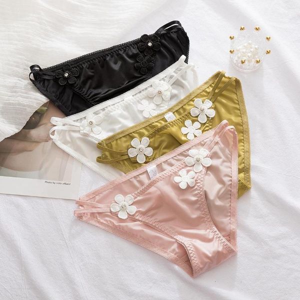 Kadın Panties Techome 2023 Moda Özetleri Seksi Satin 3D Aplike Floral Fransız Lüks Kadınlar Düşük Bel Ich Buz İpek Lingerie Bikini