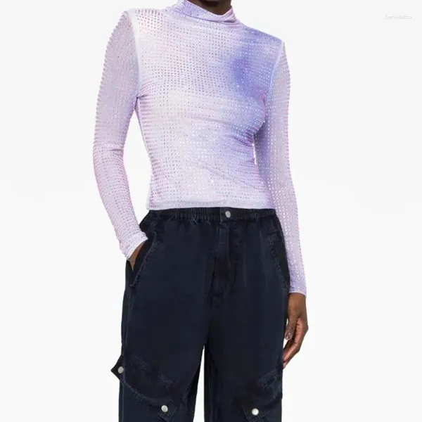 Kadın Tişörtleri Moda İnce Gradyan Renk Yüksek Boyun Uzun Kol Y2K Üstler Seksi Sokak Tam Vücut Rhinestone T-Shirt 2023 Sonbahar