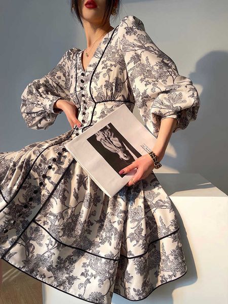 2024 Последняя модель Rukas Vintage Printed Талия Миди Миди платье для женщин 2023 Тренд весна Новый V-образный рукав