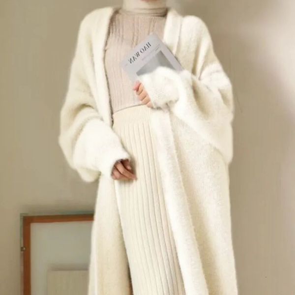 Женские свитера, белый длинный кардиган для женщин, зимняя одежда, вязаный пушистый кашемировый свитер с длинными рукавами, пальто в корейском стиле, теплый винтаж 231101