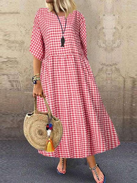 Casual Kleider 2023 Frühling Sommer Frauen Kleid Vintage Plaid Paint Dreiviertel Vestidos Long Beach Style Party Sommerkleid