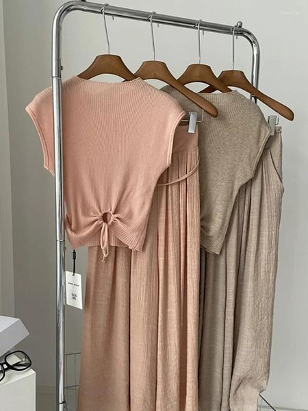 Vestidos de trabalho roupas de verão para as mulheres 2023 malha oco para fora manga curta superior linho saia longa define coreano elegante rendas até a linha terno