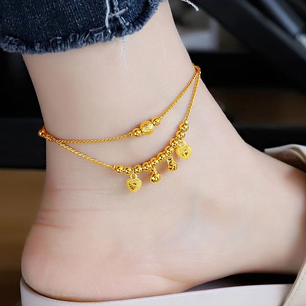 Tornozeleiras femininas coração sinos verão tornozeleiras para mulheres cor de ouro tornozelo pulseiras meninas descalços na perna corrente jóias presente 231102