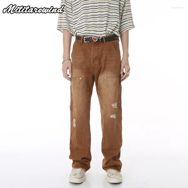 Мужские джинсы, летние корейские дизайнерские прямые рваные свободные повседневные брюки в стиле хип-хоп, уличная одежда High Street Y2k