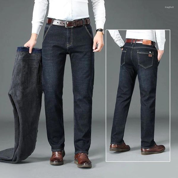 Herren Jeans Denim Plus Samt Gerade Plüschhose Winter Herbst Baumwolle Business Casual Mode Elastisch Größe