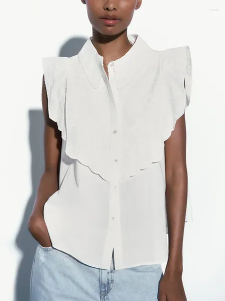 Blusas femininas das mulheres topos e 2023 elegante plissado bordado lapela blusa roupas de verão streetwear sem mangas solto algodão topo