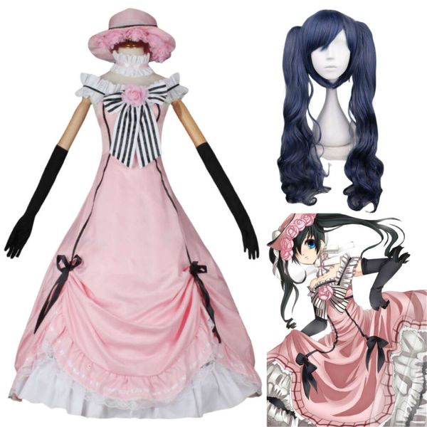 Anime Black Butler Ciel Phantomhive Smile Cosplay Costume Cadılar Bayramı Kadın İçin Lolita Giysileri Etek Destek Peruk şapkası Set Cosplay