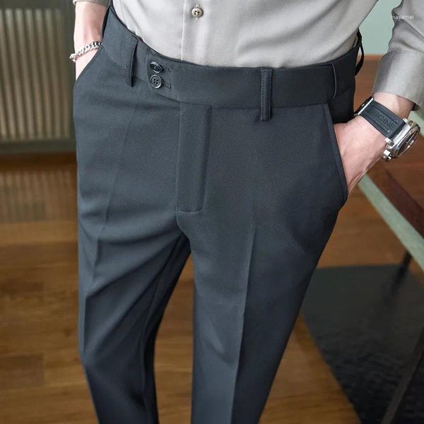 Ternos masculinos marca vestido calças para roupas masculinas cintura extensível comprimento total napoles calças formais preto/cinza plus size 28-38