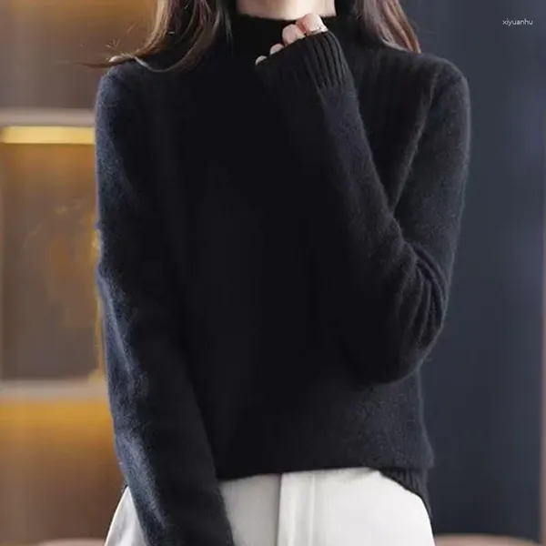 Женские свитера 2023, осень-зима, свободный низ, темпераментный пуловер, женский свитер в корейском стиле, полуводолазка с воротником