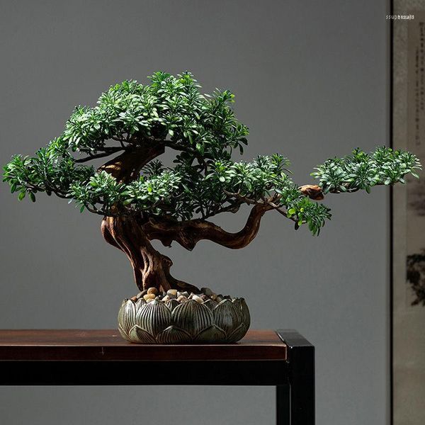 Estatuetas decorativas simulação bem-vindo pinheiro ornamentos planta verde chinês el sala de estar varanda interior falso arhat árvore cipreste bonsai