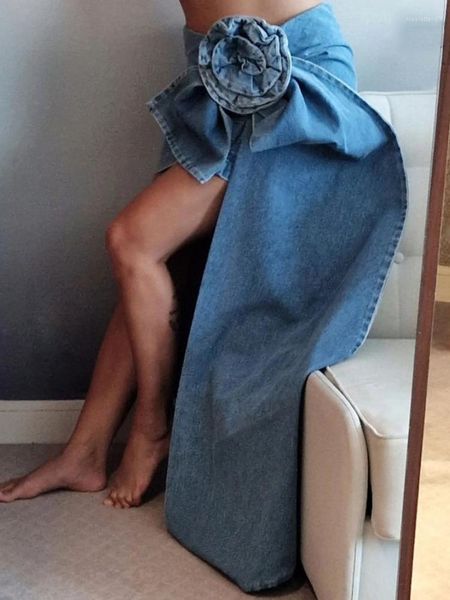 Gonne Mini jeans vintage blu per donna Abiti moda estivi Applicazioni floreali Pantaloni Abiti streetwear chic
