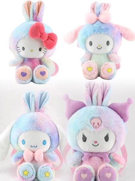 Zaino di peluche farcito arcobaleno creativo con orecchie lunghe coniglio grande occhio / strabismo design Lolita bambini fuori giocattolo per le vacanze regalo morbido