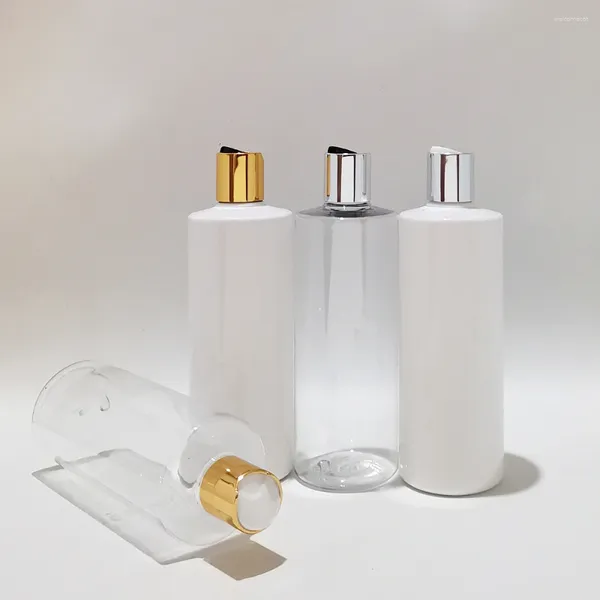 Lagerflaschen 1 stücke 400 ml Leere Plastikflasche mit Gold Presskappe Shampoo Waschen Reinigung Verpackung Silber Disc Top Cover