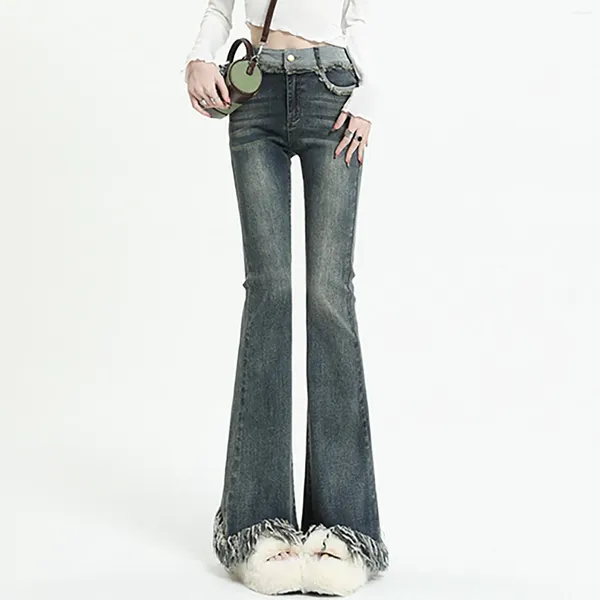 Женские джинсы с высокой талией, расклешенные женские уличные модные тонкие брюки с простым дизайном, корейские уличные брюки в стиле ретро