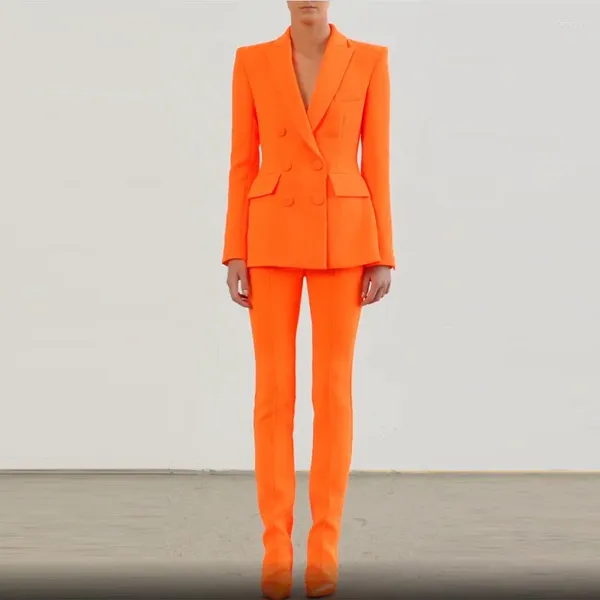 Damen Zweiteilige Hosen Blazer Hosenanzüge Sets Fluoreszierende Orange 2023 Herbst Mode Zweireiher Knopf Büro Hosen Tragen Anzug