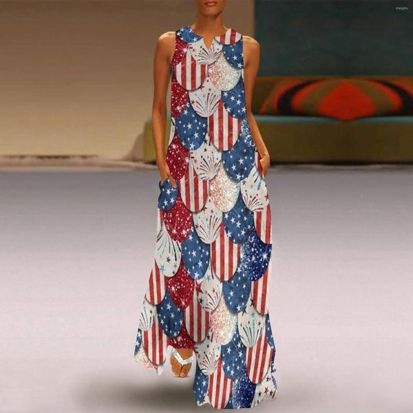 Lässige Kleider Maxikleid für Frauen Independence Day Style Langhältiger, geteilter Strand Blumen Sommer