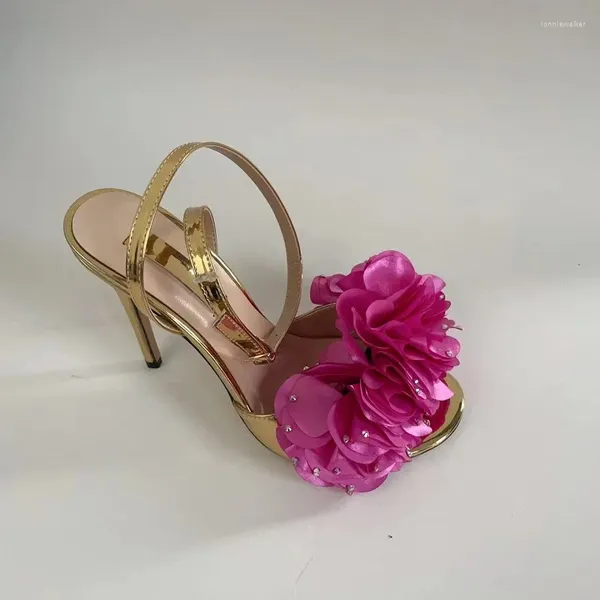Sandálias verão cabeça redonda strass flor laca couro com salto alto fino vestido de banquete versátil sapatos femininos grandes