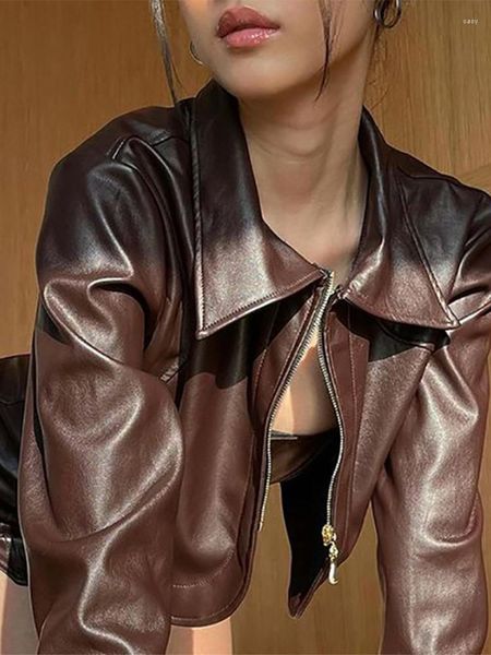 JACETAS FUNHAS ESTAÇÕES Y2K CHURANO BROWN CRUPPED ZIPPER MOTO MOOTE MATO MATERAGEM MULHERM Women Vintage Outwear Punk Tops ASCO86733