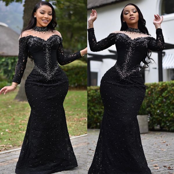 Abiti da ballo Aso Ebi con spalle scoperte Plus Size Nero Africano Collo alto con perline Paillettes Pieghe drappeggiate Abito da sera a sirena Secondo ricevimento Abiti da festa Maniche lunghe